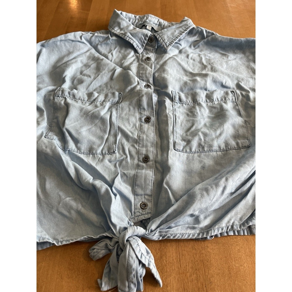 Love Tree Cute Tie Front CROP Top Shirt Short Sleeve Button Front Blue Medium - Picture 2 of 8